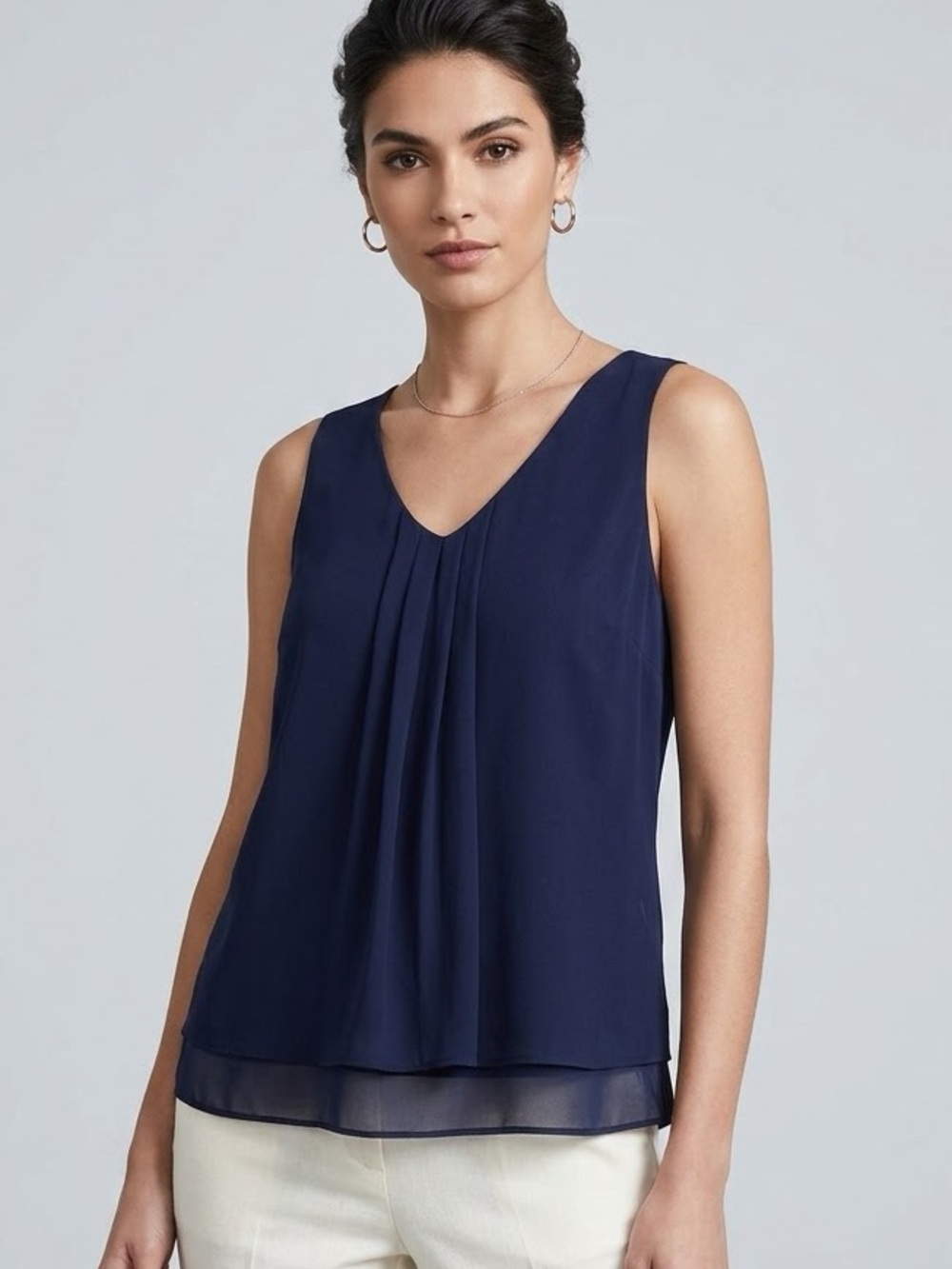 DKNYC Navy V-Neck Sleeveless Pleated Layered Shell Tank Size M